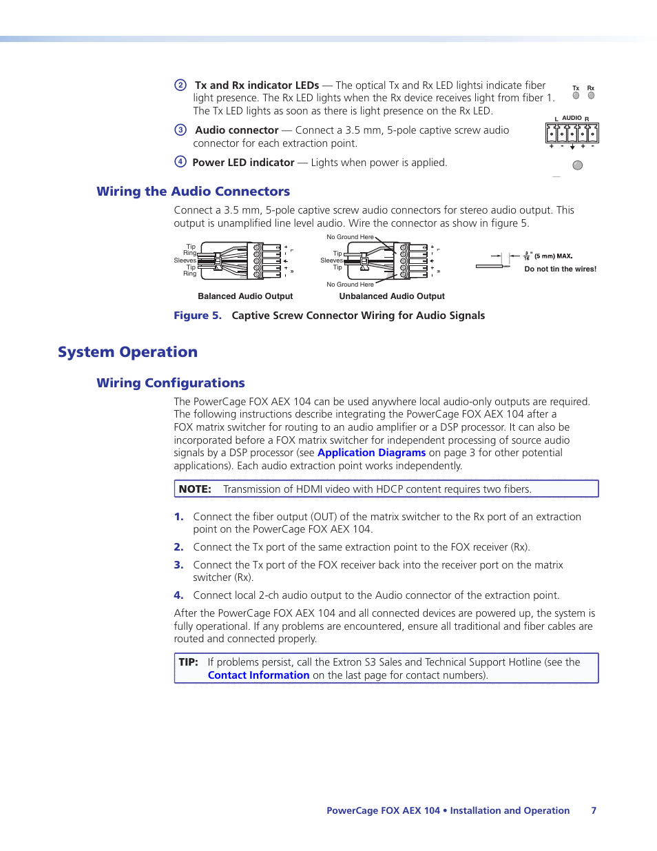 Wiring the audio connectors, System operation, Wiring configurations | Extron Electronics PowerCage FOX AEX 104 User Guide User Manual | Page 13 / 19
