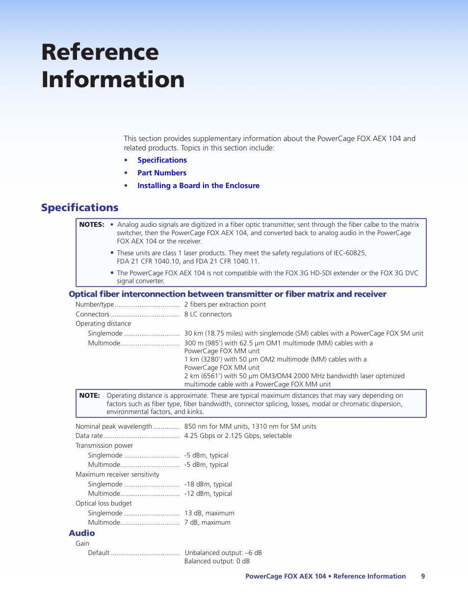 Reference information, Specifications | Extron Electronics PowerCage FOX AEX 104 User Guide User Manual | Page 15 / 19