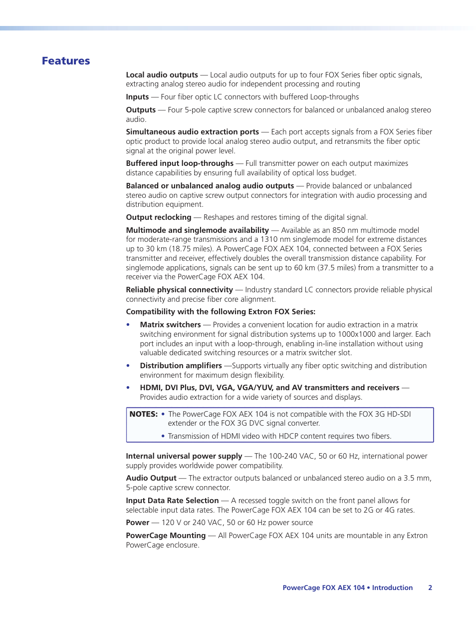 Features | Extron Electronics PowerCage FOX AEX 104 User Guide User Manual | Page 8 / 19