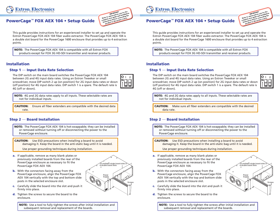 Extron Electronics PowerCage FOX AEX 104 Setup Guide User Manual | 2 pages