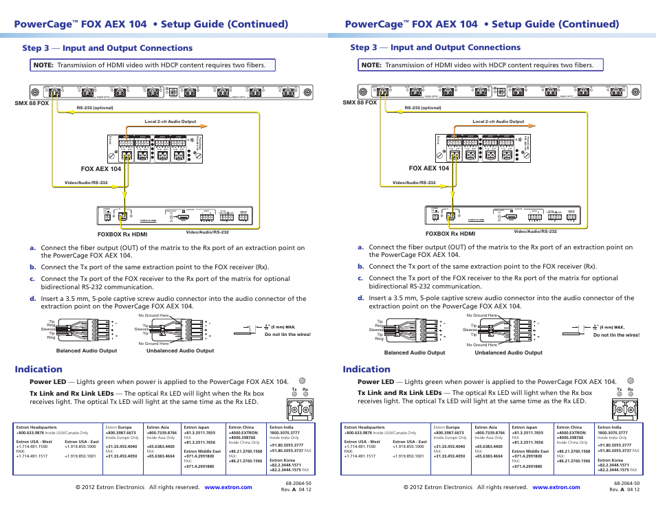 Powercage, Fox aex 104 • setup guide (continued) powercage, Fox aex 104 • setup guide (continued) | Indication, Step 3 — input and output connections, Fox aex 104, Foxbox rx hdmi smx 88 fox | Extron Electronics PowerCage FOX AEX 104 Setup Guide User Manual | Page 2 / 2