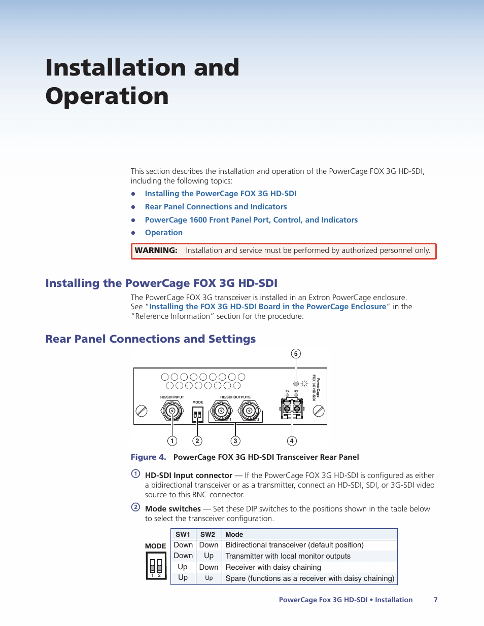 Installation and operation, Installing the powercage fox 3g hd-sdi, Rear panel connections and settings | Extron Electronics PowerCage FOX 3G HD-SDI User Guide User Manual | Page 13 / 35