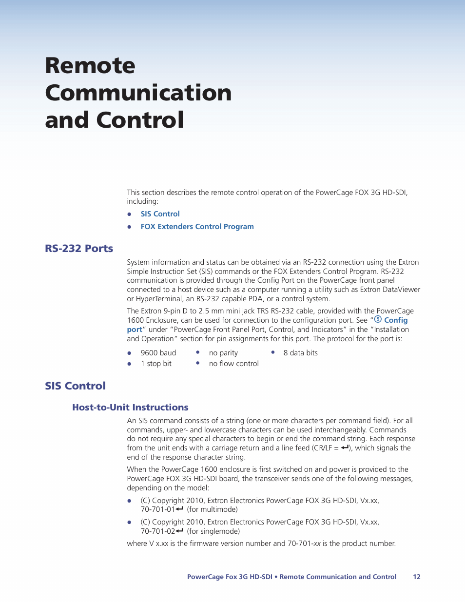 Remote communication and control, Rs-232 ports, Sis control | Host-to-unit instructions, Rs-232 ports sis control | Extron Electronics PowerCage FOX 3G HD-SDI User Guide User Manual | Page 18 / 35