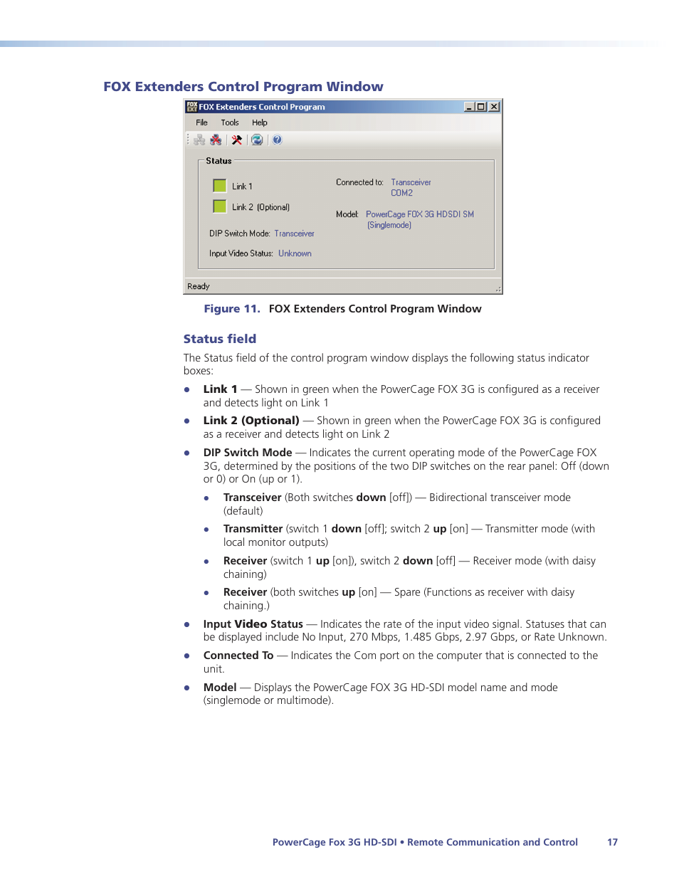 Fox extenders control program window, Status field | Extron Electronics PowerCage FOX 3G HD-SDI User Guide User Manual | Page 23 / 35