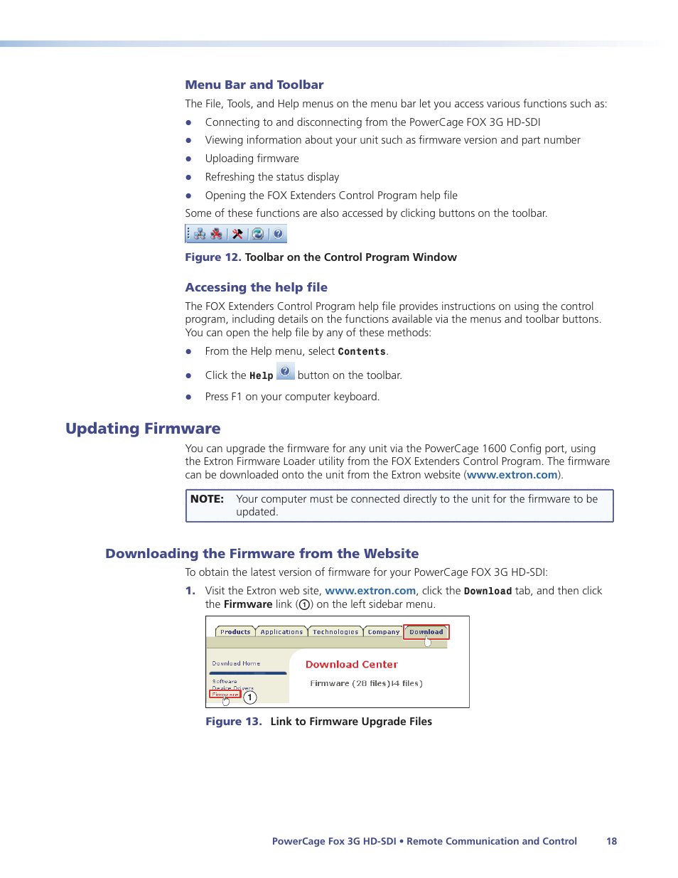 Updating firmware, Downloading the firmware from the website, Downloading the firmware from the | Website | Extron Electronics PowerCage FOX 3G HD-SDI User Guide User Manual | Page 24 / 35