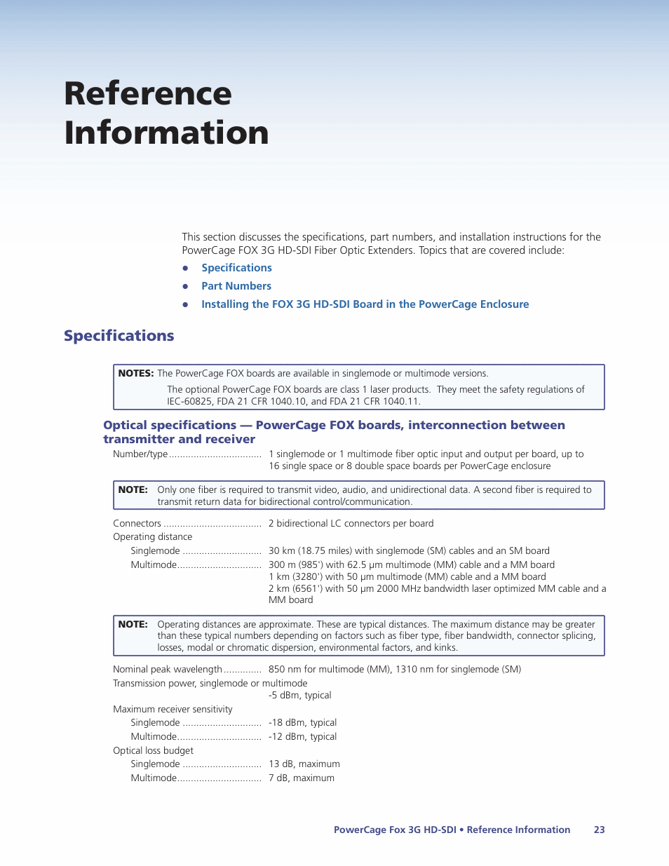 Reference information, Specifications | Extron Electronics PowerCage FOX 3G HD-SDI User Guide User Manual | Page 29 / 35