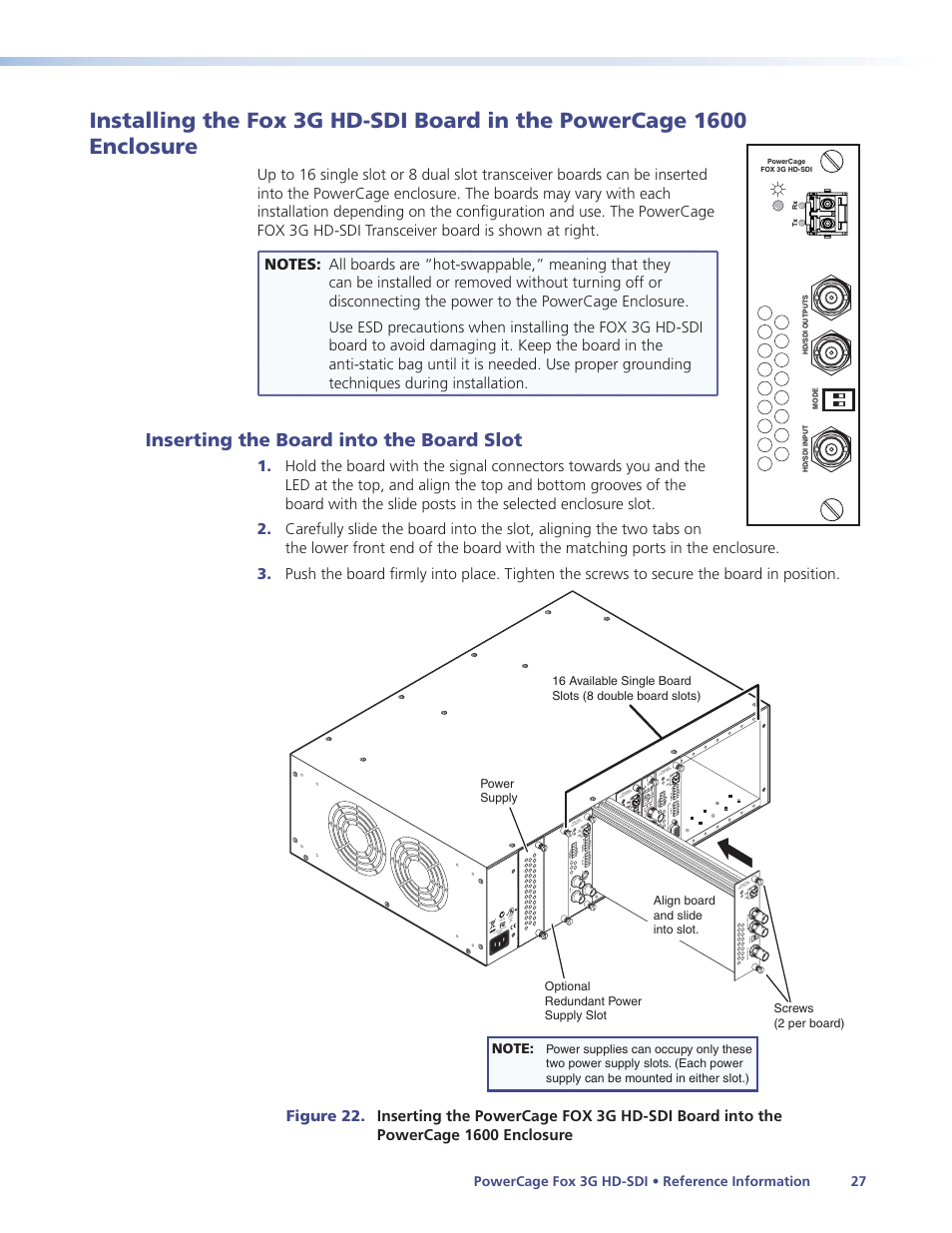 Inserting the board into the board slot, Installing the fox 3g hd-sdi board in the, Powercage 1600 enclosure | Extron Electronics PowerCage FOX 3G HD-SDI User Guide User Manual | Page 33 / 35