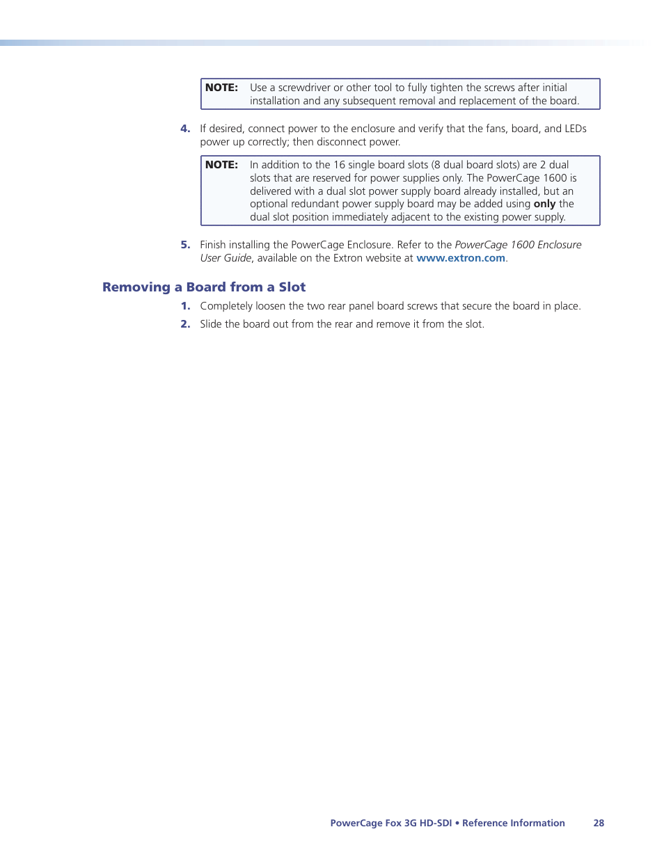 Removing a board from a slot | Extron Electronics PowerCage FOX 3G HD-SDI User Guide User Manual | Page 34 / 35