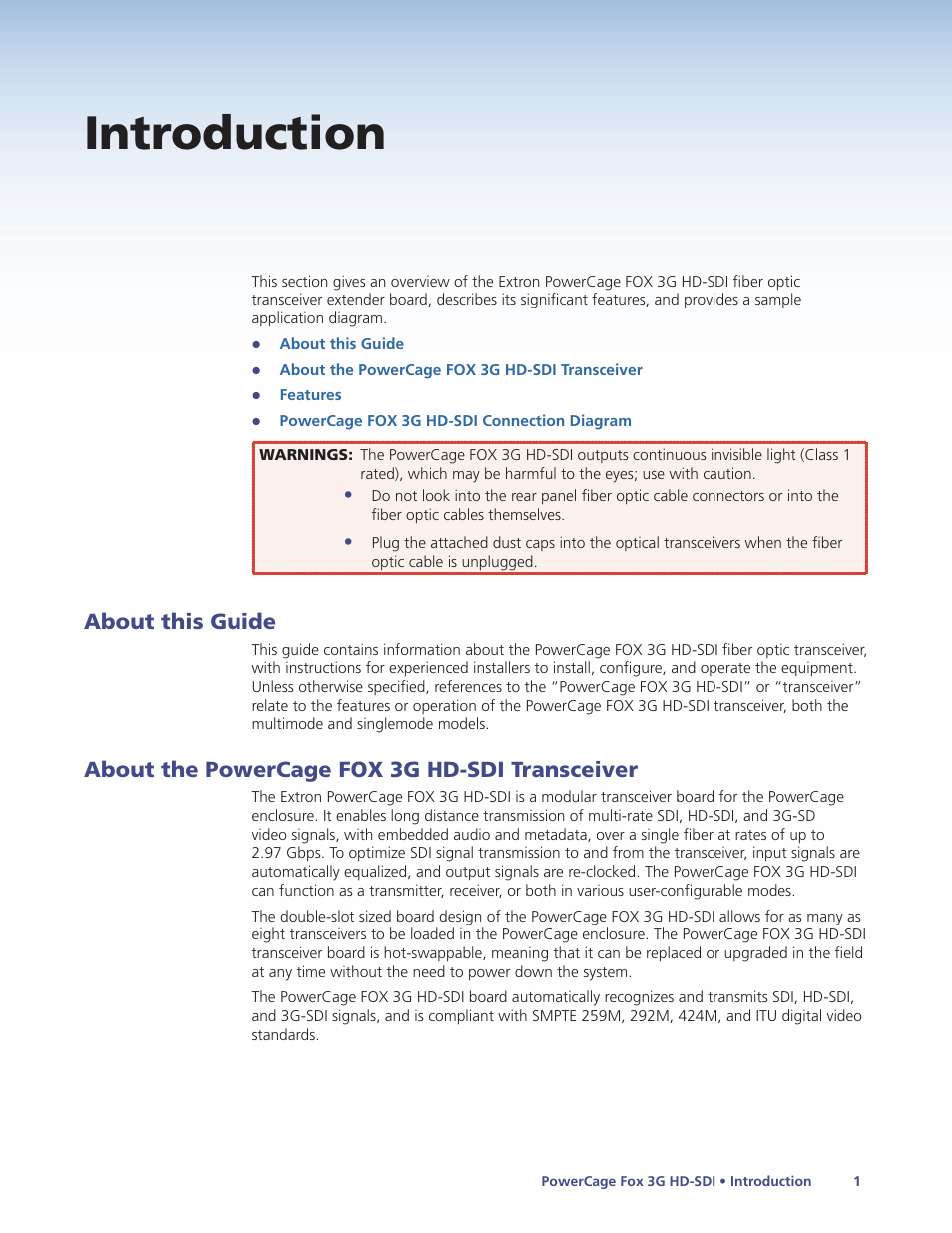 Introduction, About this guide, About the powercage fox 3g hd-sdi transceiver | About this guide about the powercage fox 3g hd-sdi, Transceiver | Extron Electronics PowerCage FOX 3G HD-SDI User Guide User Manual | Page 7 / 35