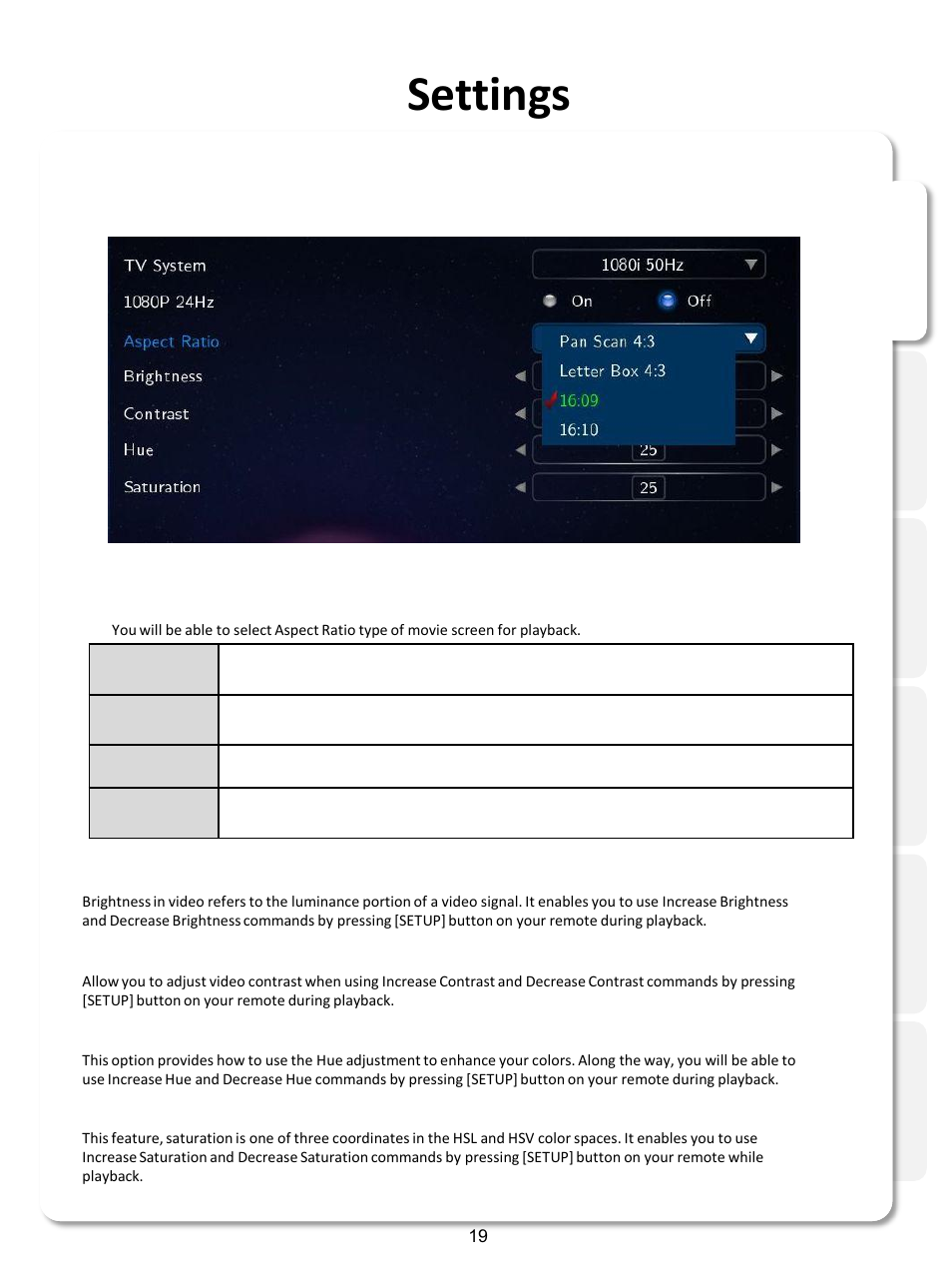 Settings, Video | Xtreamer SideWinder3 User Manual | Page 19 / 91