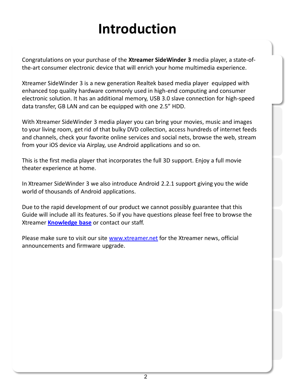 Introduction | Xtreamer SideWinder3 User Manual | Page 2 / 91