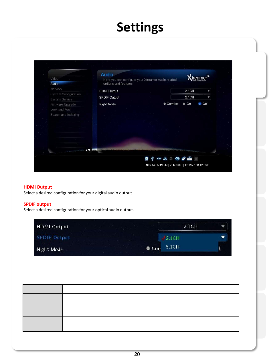 Settings, Audio | Xtreamer SideWinder3 User Manual | Page 20 / 91