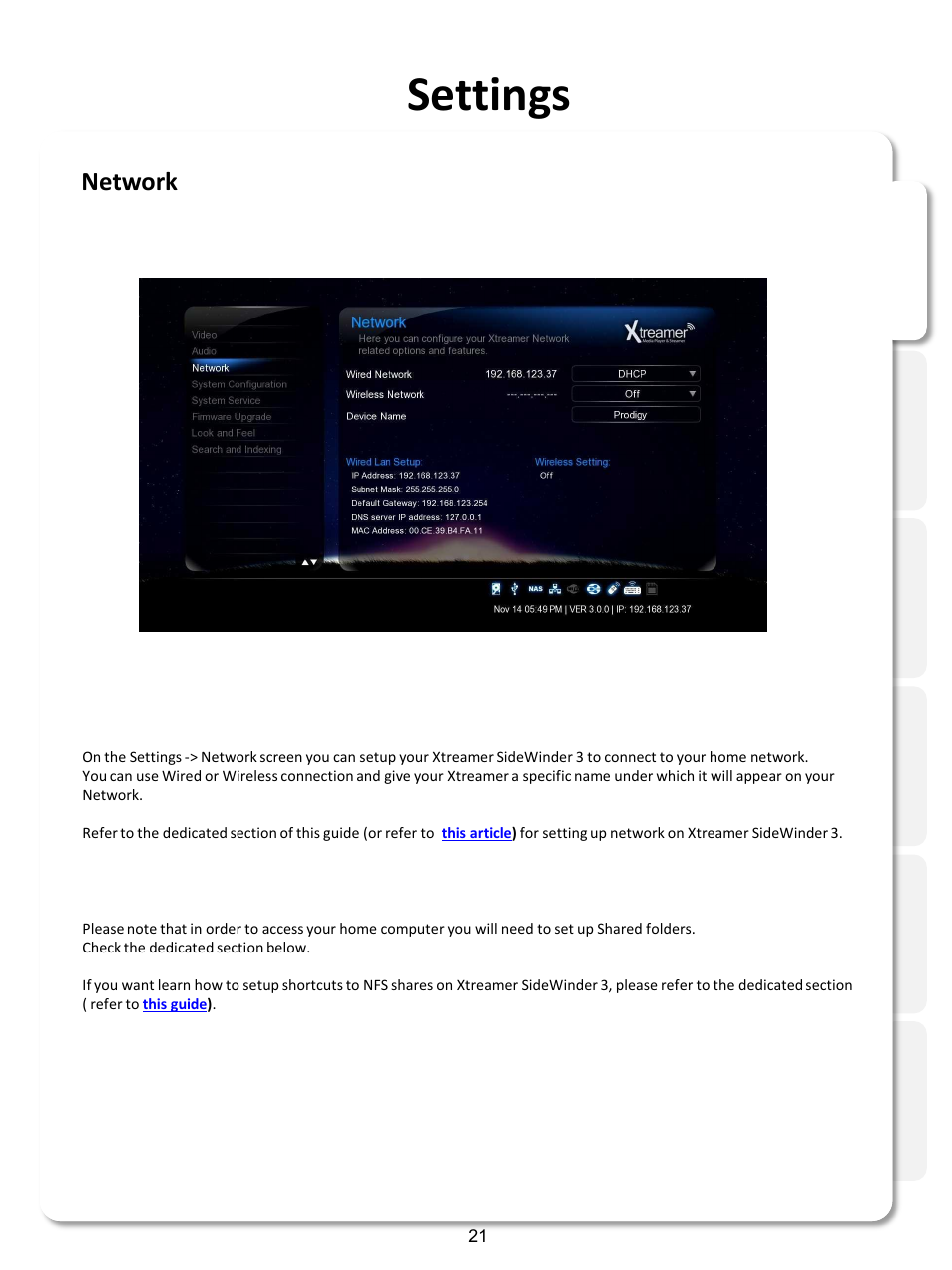 Settings, Network | Xtreamer SideWinder3 User Manual | Page 21 / 91