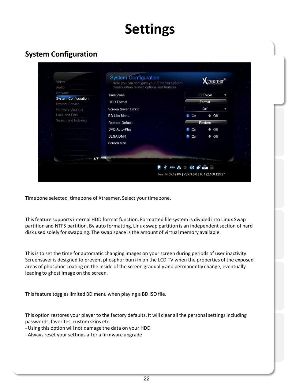 Settings, System configuration | Xtreamer SideWinder3 User Manual | Page 22 / 91