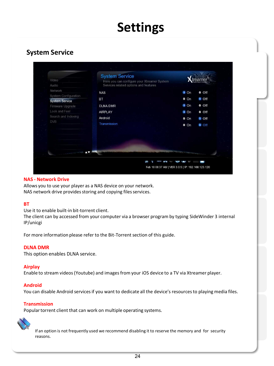 Settings, System service | Xtreamer SideWinder3 User Manual | Page 24 / 91