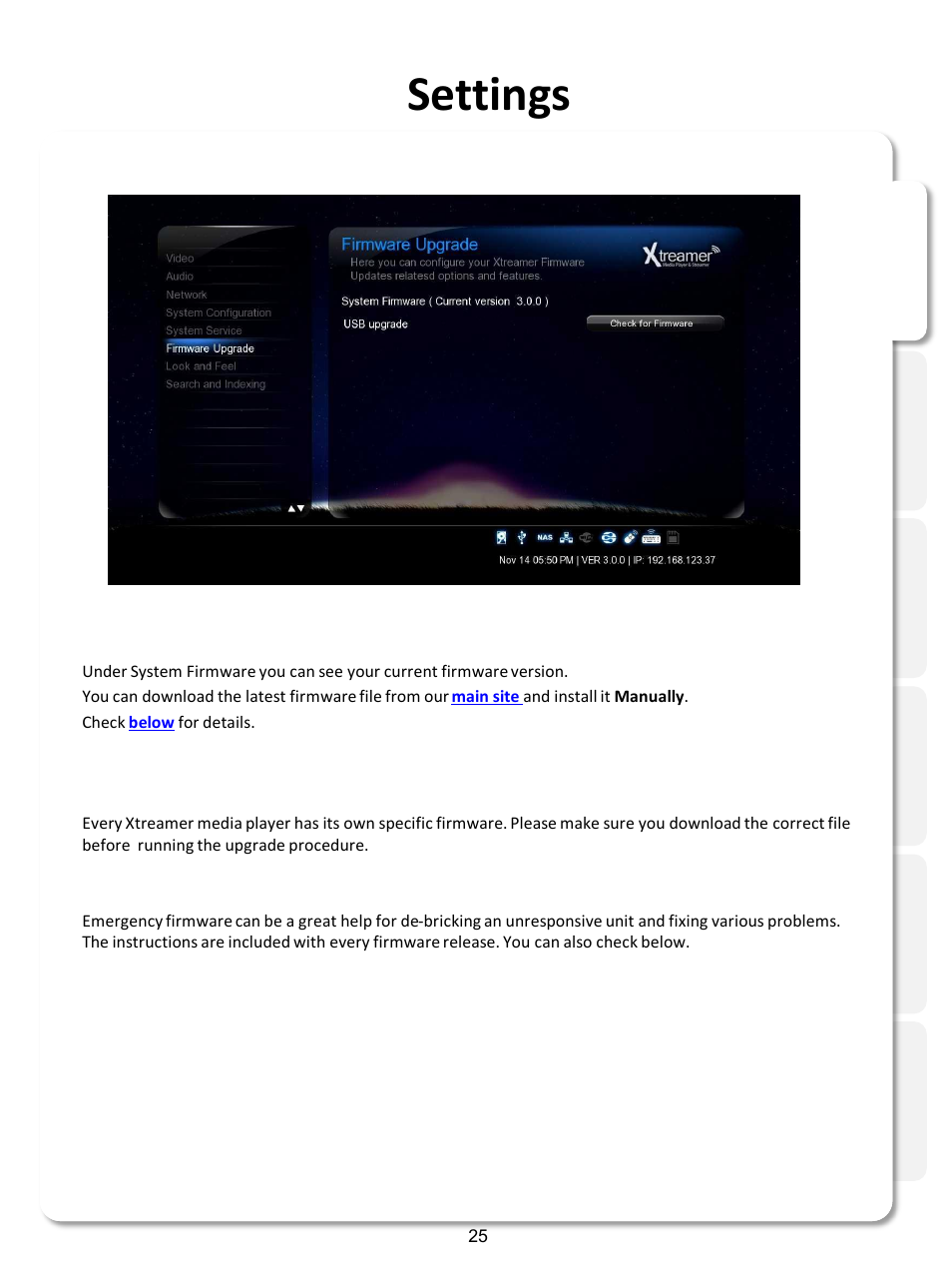 Settings, Firmware upgrade | Xtreamer SideWinder3 User Manual | Page 25 / 91