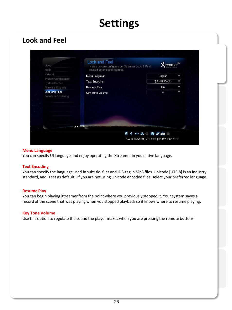 Settings, Look and feel | Xtreamer SideWinder3 User Manual | Page 26 / 91
