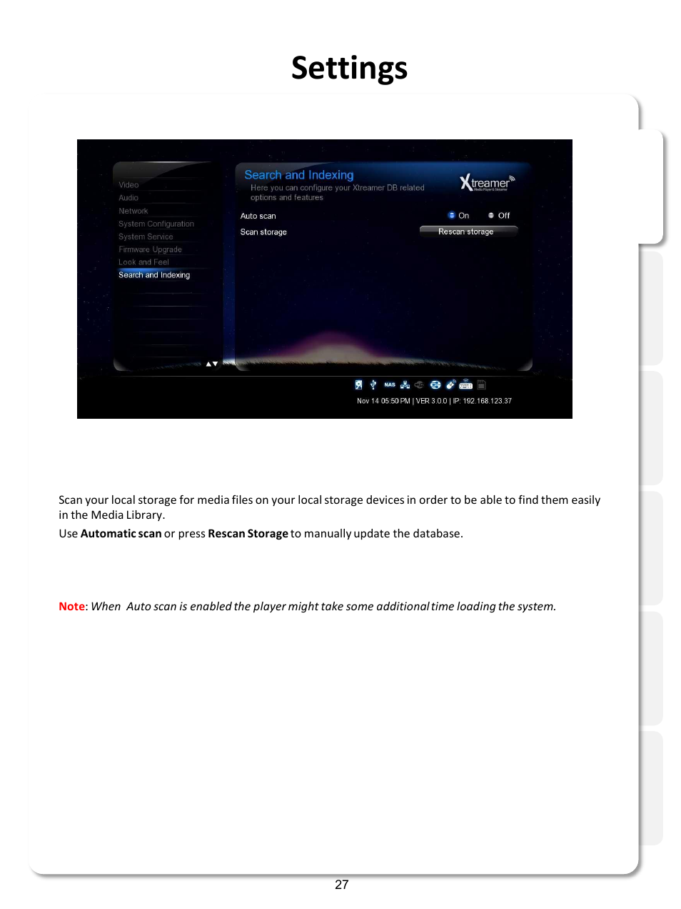 Settings, Search and indexing | Xtreamer SideWinder3 User Manual | Page 27 / 91