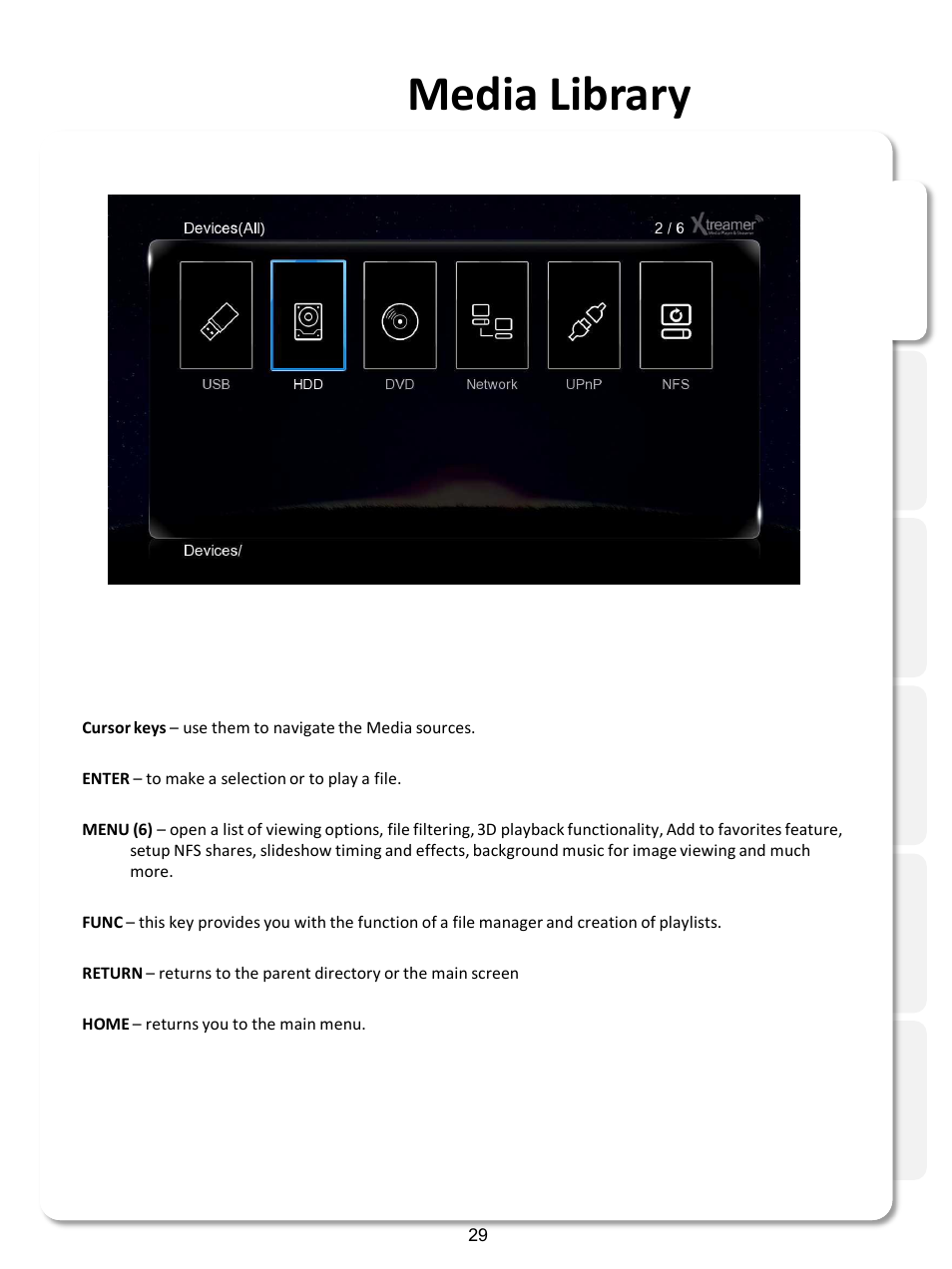 Media library, Using media sources | Xtreamer SideWinder3 User Manual | Page 29 / 91