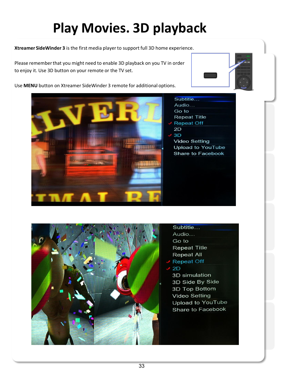 Play movies. 3d playback | Xtreamer SideWinder3 User Manual | Page 33 / 91