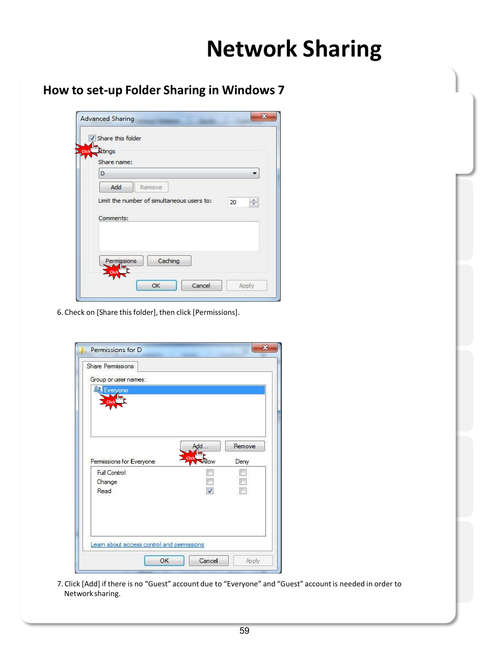 Network sharing, How to set-up folder sharing in windows 7 | Xtreamer SideWinder3 User Manual | Page 59 / 91