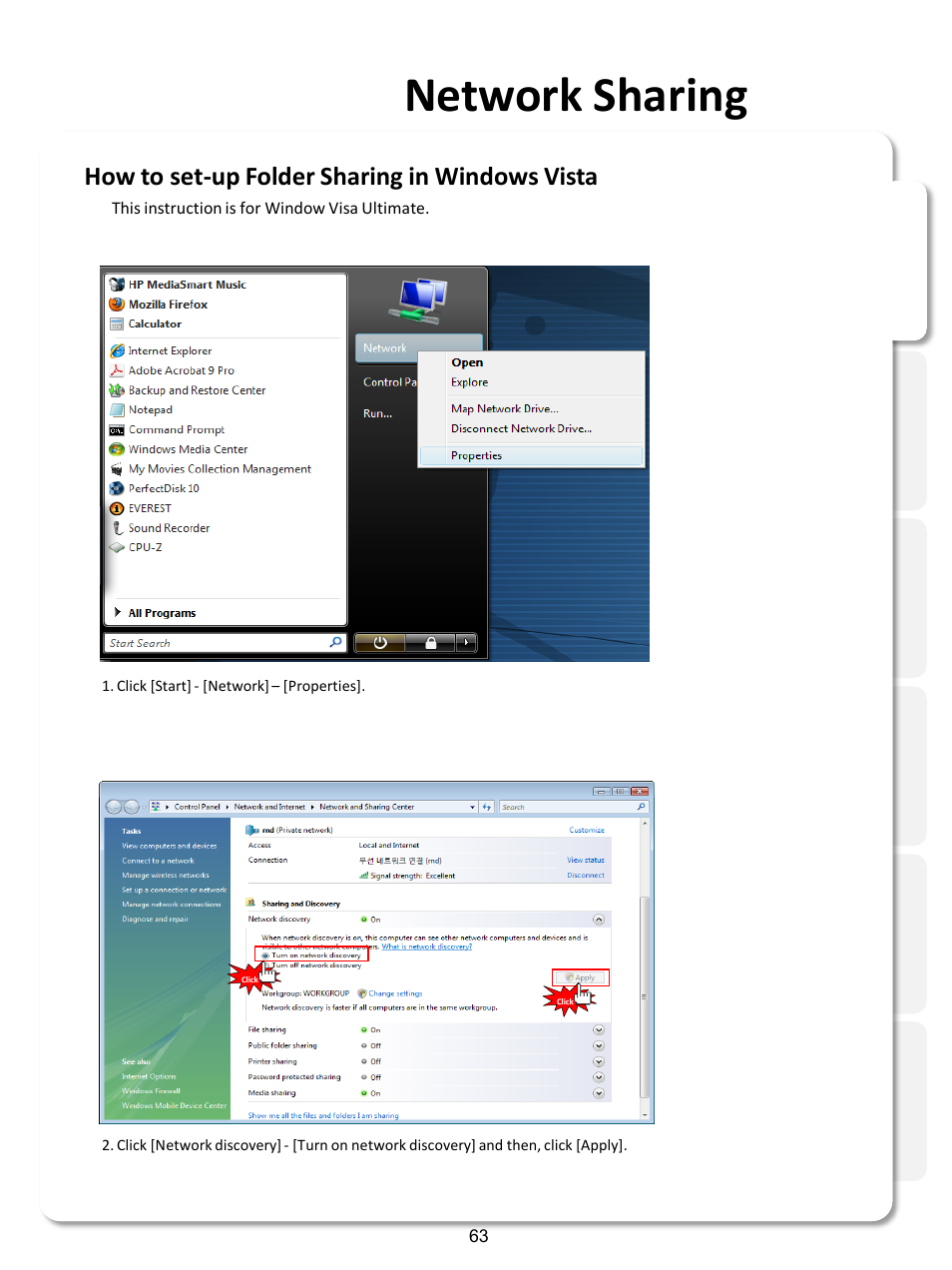 Network sharing, How to set-up folder sharing in windows vista | Xtreamer SideWinder3 User Manual | Page 63 / 91