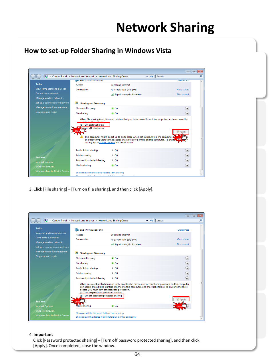 Network sharing, How to set-up folder sharing in windows vista | Xtreamer SideWinder3 User Manual | Page 64 / 91