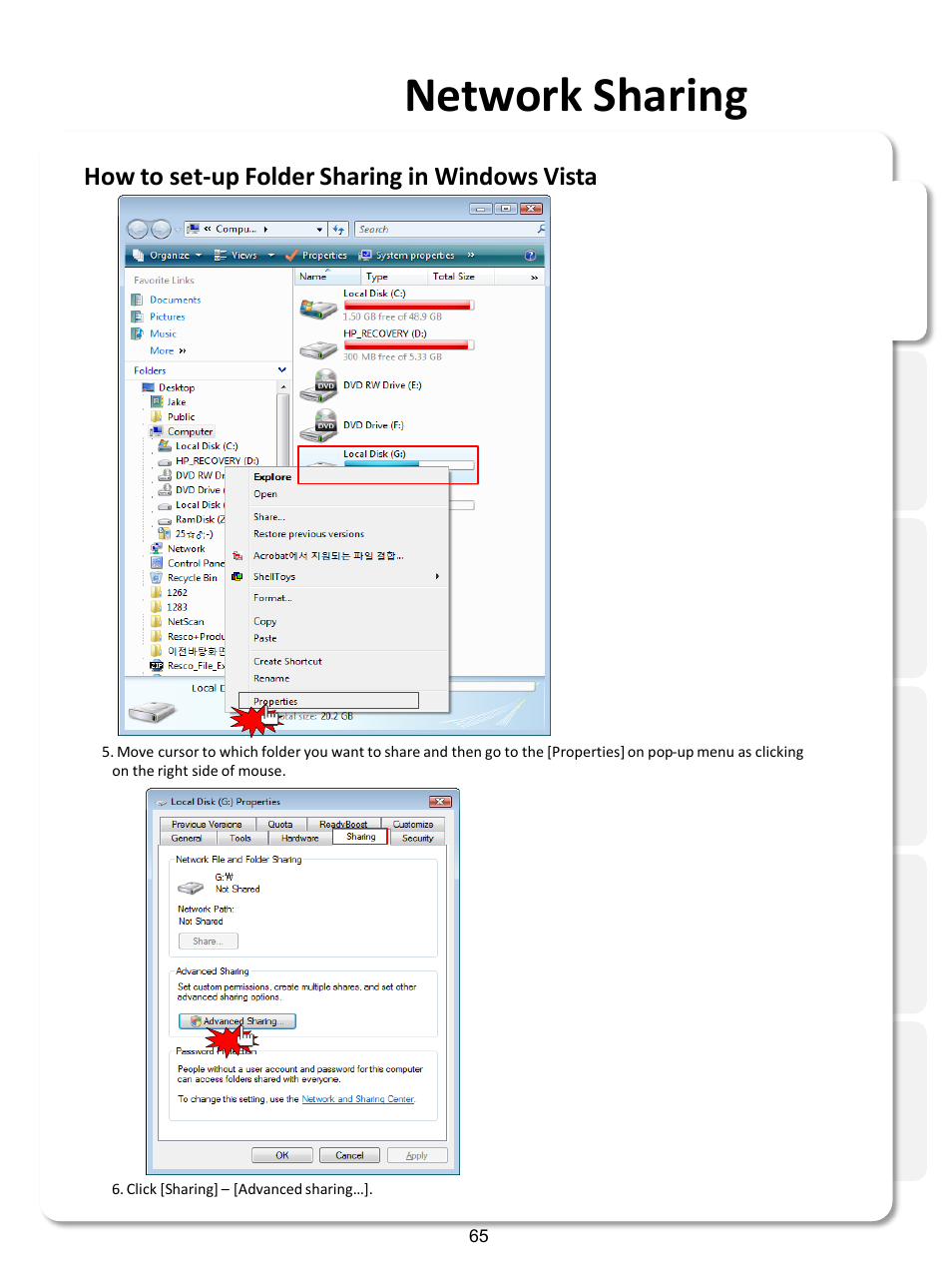 Network sharing, How to set-up folder sharing in windows vista | Xtreamer SideWinder3 User Manual | Page 65 / 91