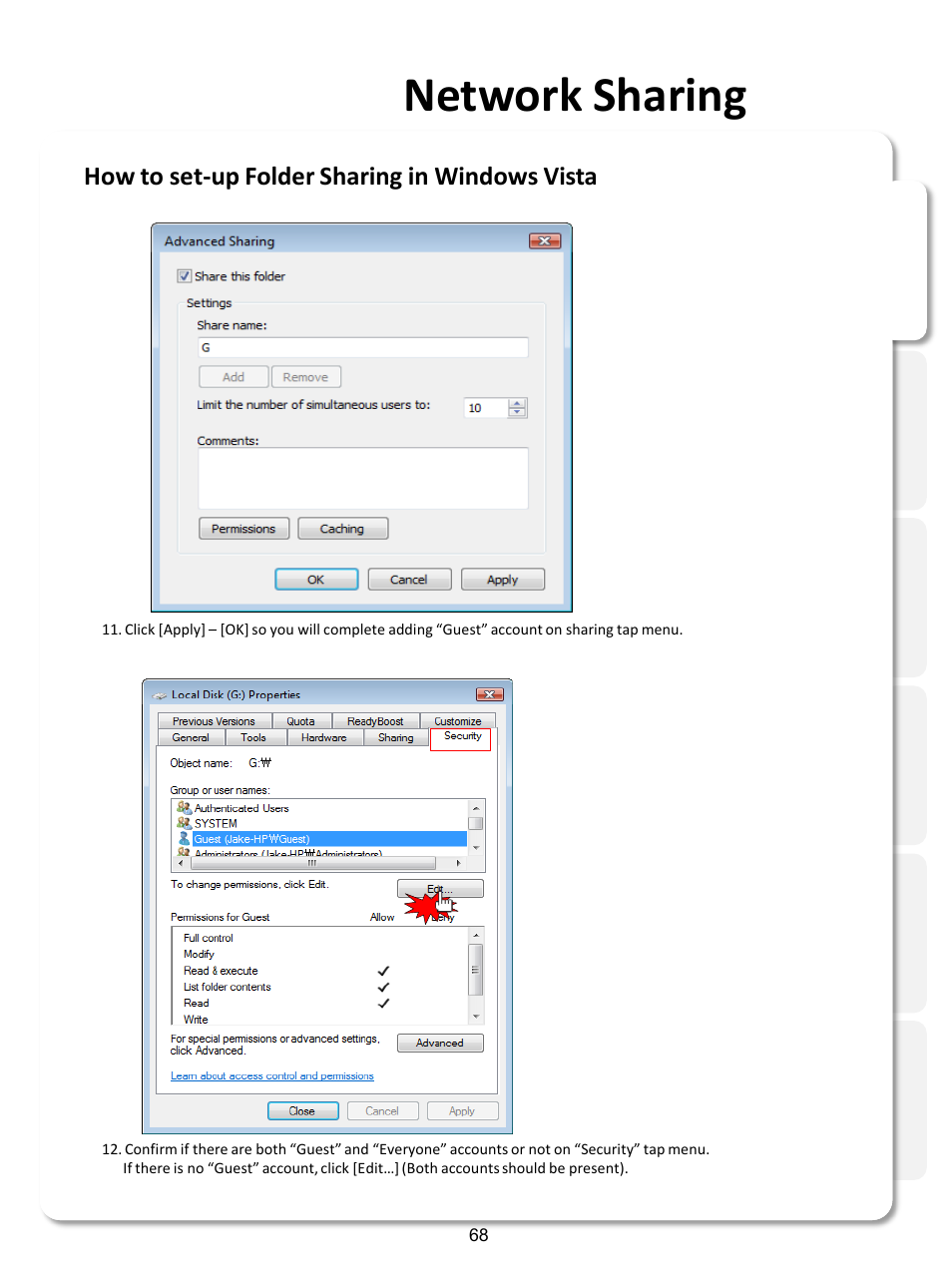 Network sharing, How to set-up folder sharing in windows vista | Xtreamer SideWinder3 User Manual | Page 68 / 91
