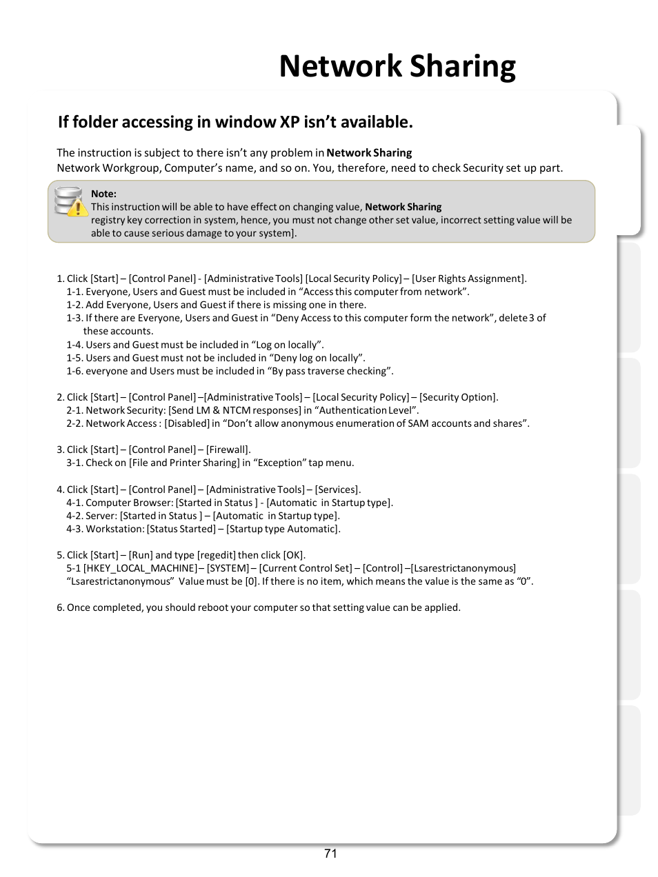 Network sharing, If folder accessing in window xp isn’t available | Xtreamer SideWinder3 User Manual | Page 71 / 91
