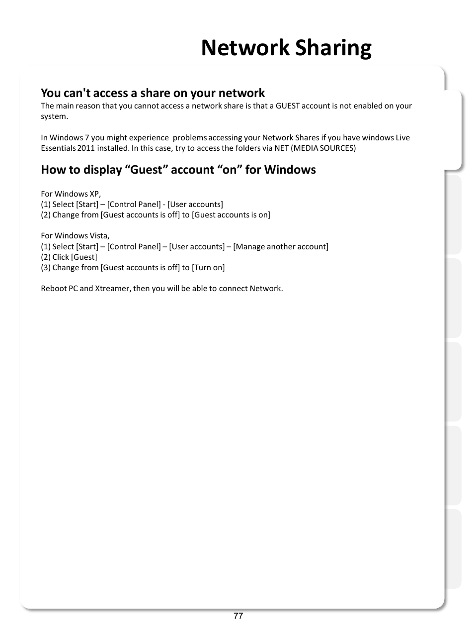 Network sharing, You can't access a share on your network, How to display “guest” account “on” for windows | Xtreamer SideWinder3 User Manual | Page 77 / 91