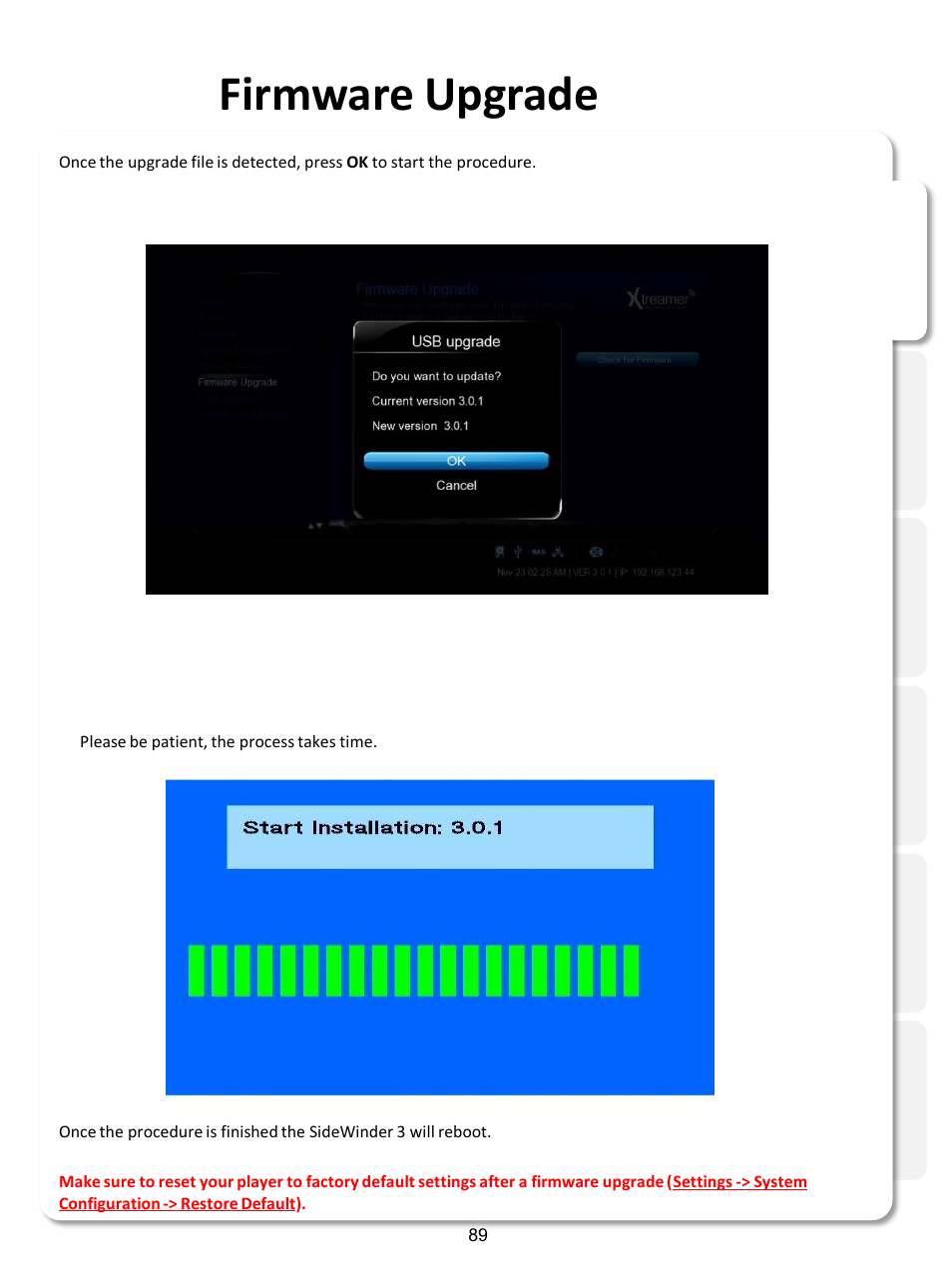 Firmware upgrade | Xtreamer SideWinder3 User Manual | Page 89 / 91