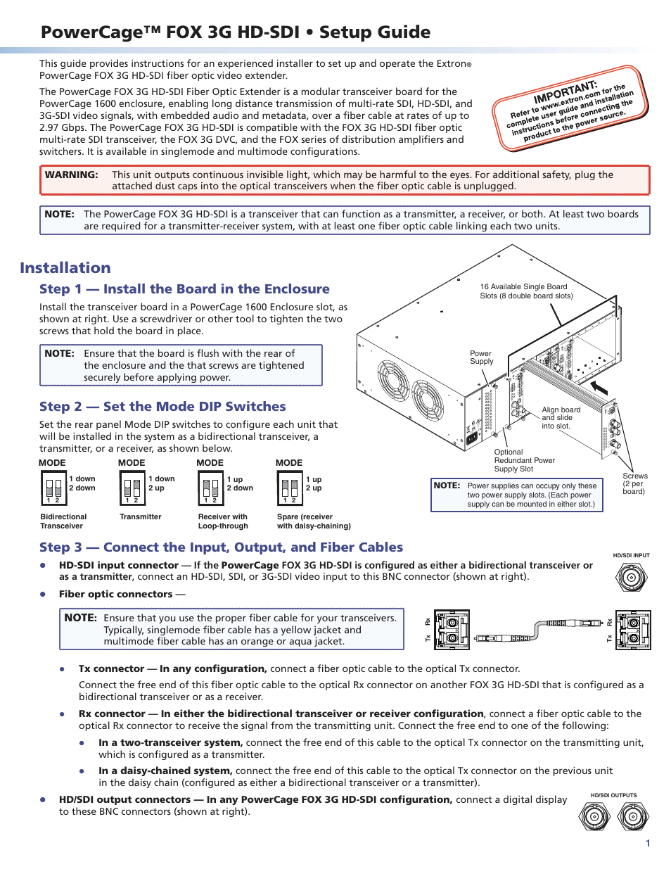 Extron Electronics PowerCage FOX 3G HD-SDI Setup Guide User Manual | 2 pages