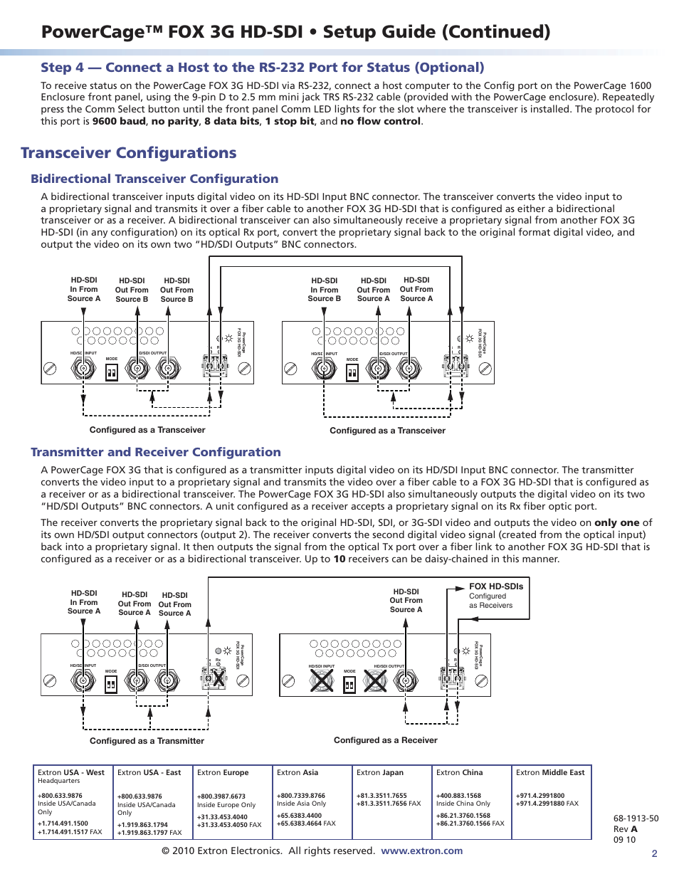 Powercage™ fox 3g hd-sdi • setup guide (continued), Transceiver configurations, Bidirectional transceiver configuration | Transmitter and receiver configuration, Configured as a transceiver, Fox hd-sdis | Extron Electronics PowerCage FOX 3G HD-SDI Setup Guide User Manual | Page 2 / 2