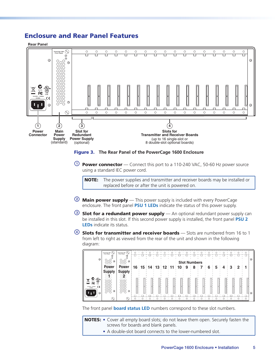 Enclosure and rear panel features | Extron Electronics PowerCage 1600 Enclosure User Guide User Manual | Page 11 / 32