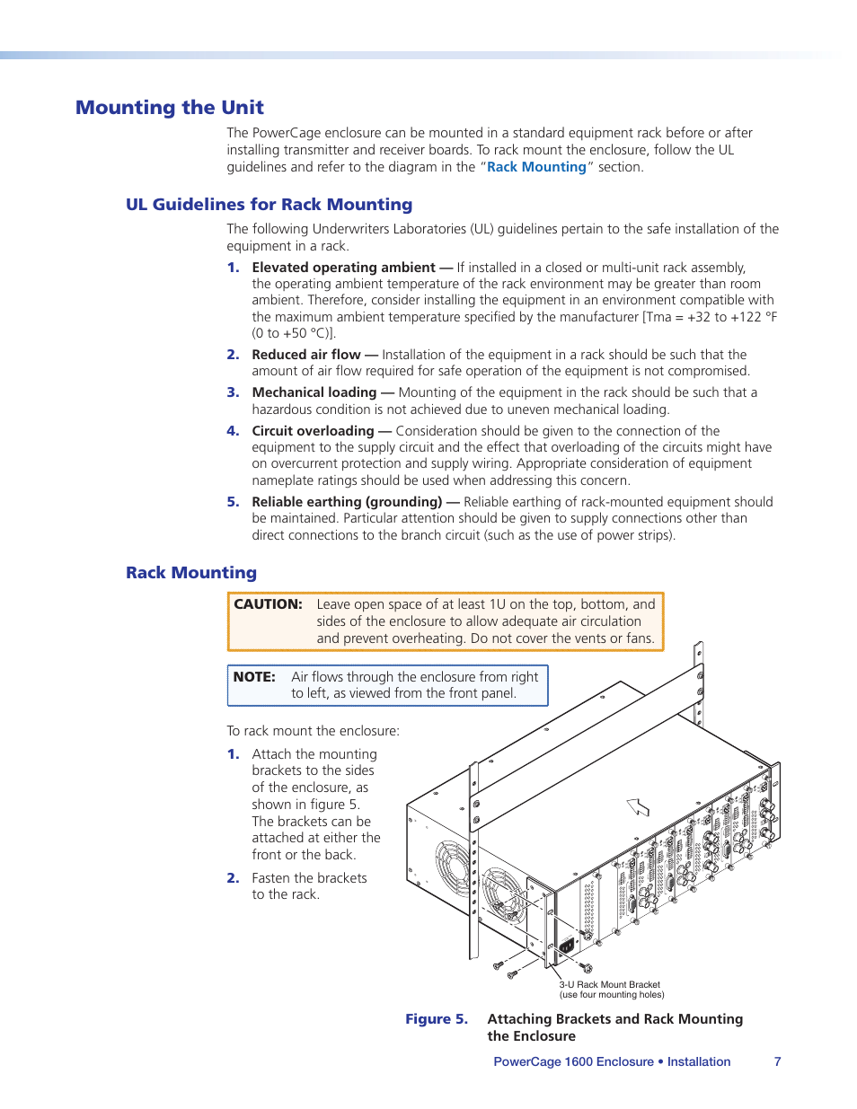 Mounting the unit, Ul guidelines for rack mounting, Rack mounting | Ul guidelines for rack mounting rack mounting | Extron Electronics PowerCage 1600 Enclosure User Guide User Manual | Page 13 / 32