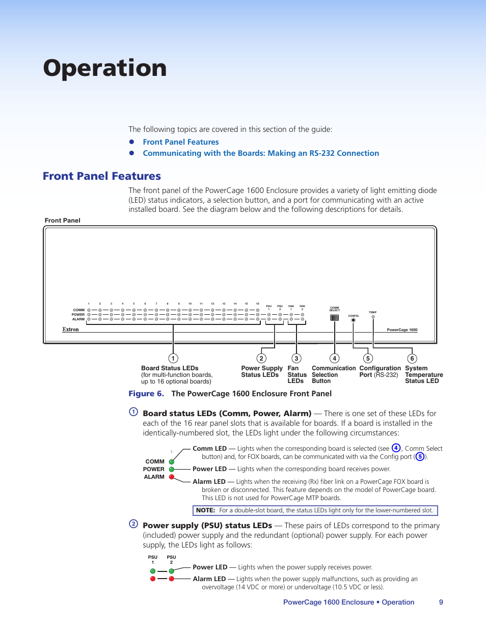 Operation, Front panel features, Ont panel | Psu 1 leds, Psu 2, Leds, Board status led | Extron Electronics PowerCage 1600 Enclosure User Guide User Manual | Page 15 / 32