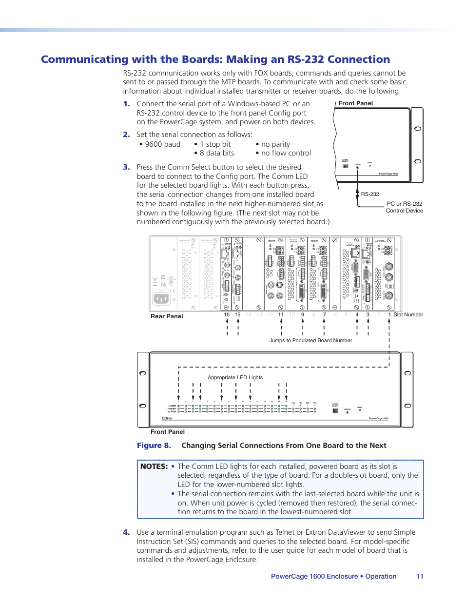Communicating with the boards: making an, Rs-232 connection, Communicating with the boards: making an rs | Pre-pea k on of f, Rear panel front panel, Front panel, Pc or rs-232 control device, Rs-232 | Extron Electronics PowerCage 1600 Enclosure User Guide User Manual | Page 17 / 32