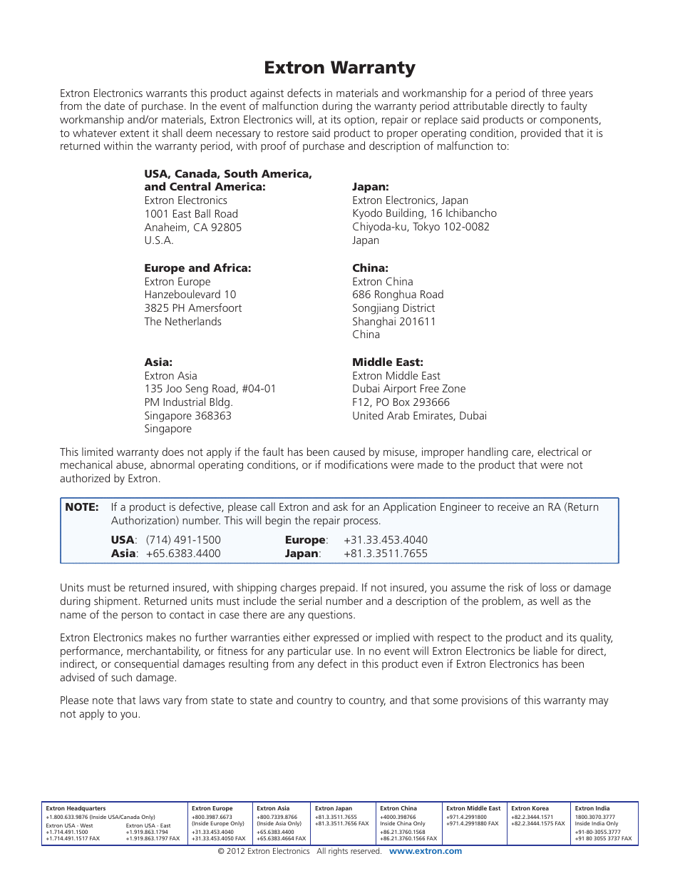 Back cover, Warranty, Contact information | Warranty contact information, Extron warranty | Extron Electronics PowerCage 1600 Enclosure User Guide User Manual | Page 32 / 32