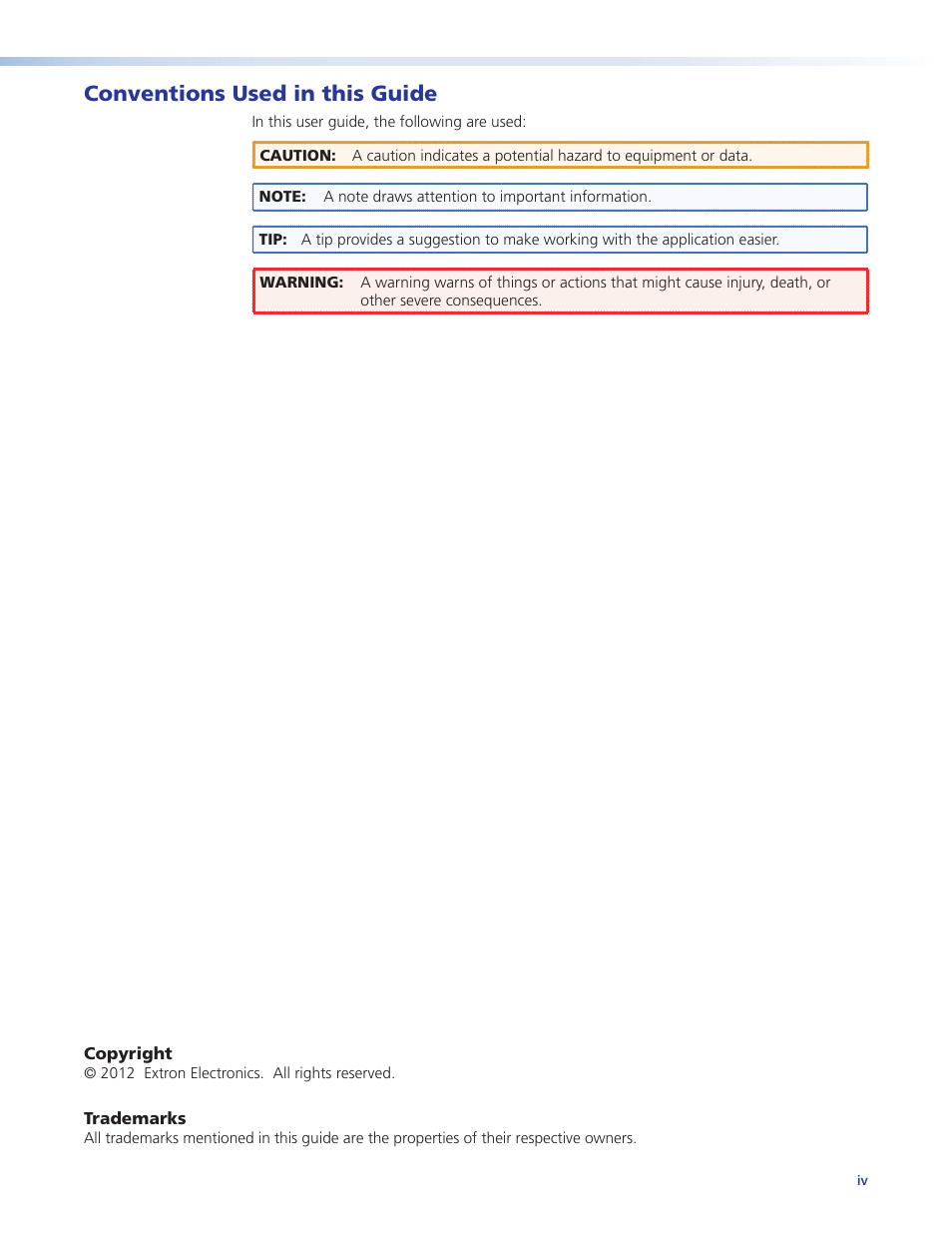 Conventions used in this guide, Copyright, and trademark information | Extron Electronics PowerCage 1600 Enclosure User Guide User Manual | Page 4 / 32