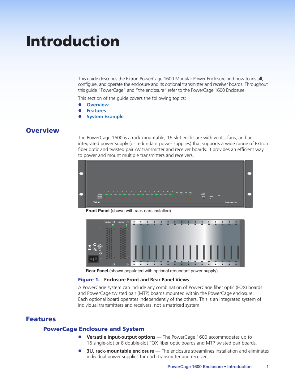 Introduction, Overview, Features | Powercage enclosure and system, Overview features | Extron Electronics PowerCage 1600 Enclosure User Guide User Manual | Page 7 / 32