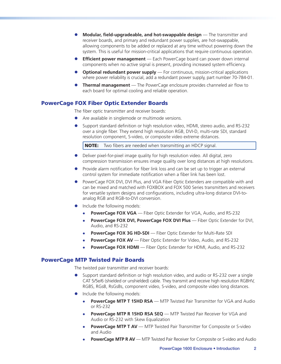 Powercage fox fiber optic extender boards, Powercage mtp twisted pair boards | Extron Electronics PowerCage 1600 Enclosure User Guide User Manual | Page 8 / 32