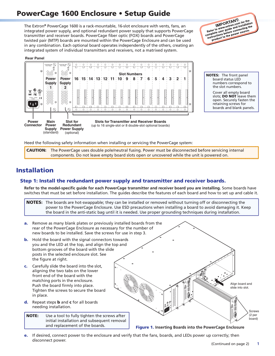 Extron Electronics PowerCage 1600 Enclosure Setup Guide User Manual | 2 pages