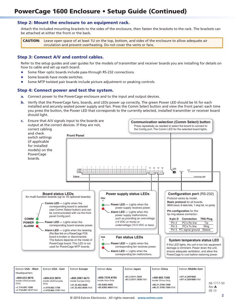 Step 2: mount the enclosure to an equipment rack, Step 3: connect a/v and control cables, Step 4: connect power and test the system | Contact information, Powercage 1600 enclosure • setup guide (continued), Some boards have mode switches, Board status leds | Extron Electronics PowerCage 1600 Enclosure Setup Guide User Manual | Page 2 / 2