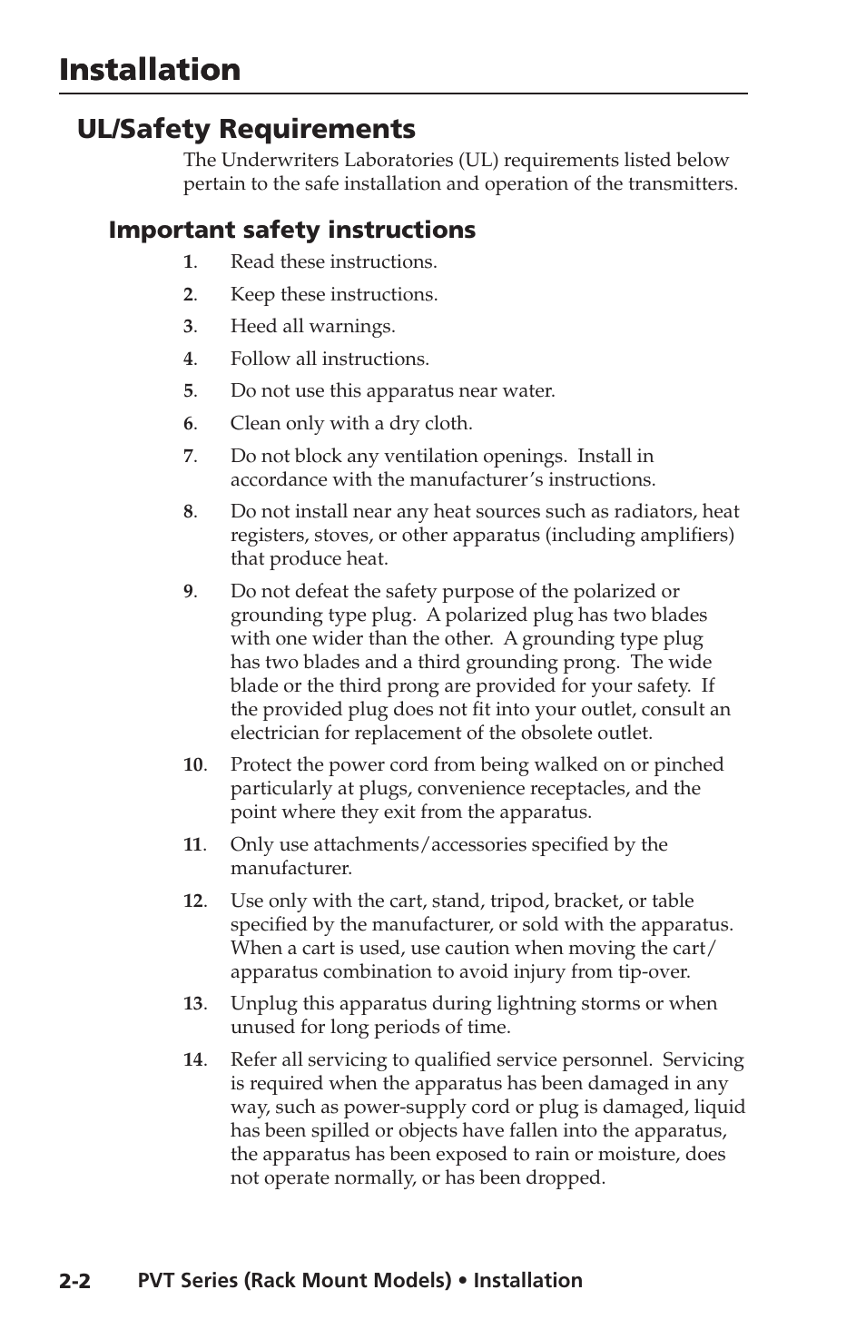 Ul/safety requirements, Important safety instructions, Installation | Extron Electronics PVT SW RGB User Manual | Page 14 / 32