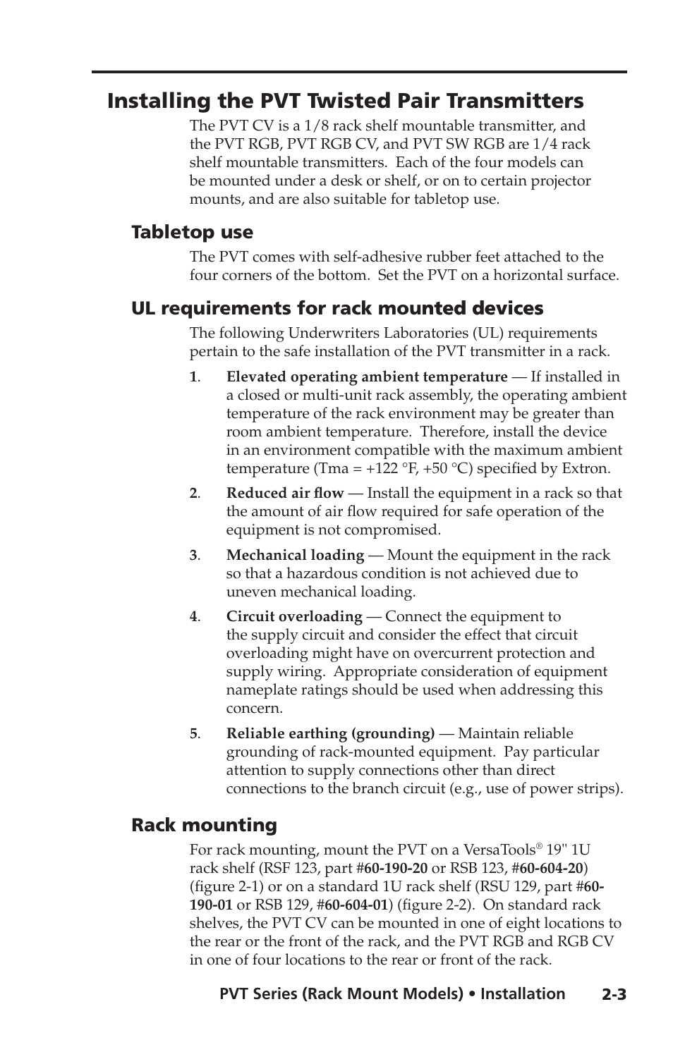 Installing the pvt twisted pair transmitters, Tabletop use, Ul requirements for rack mounted devices | Rack mounting | Extron Electronics PVT SW RGB User Manual | Page 15 / 32