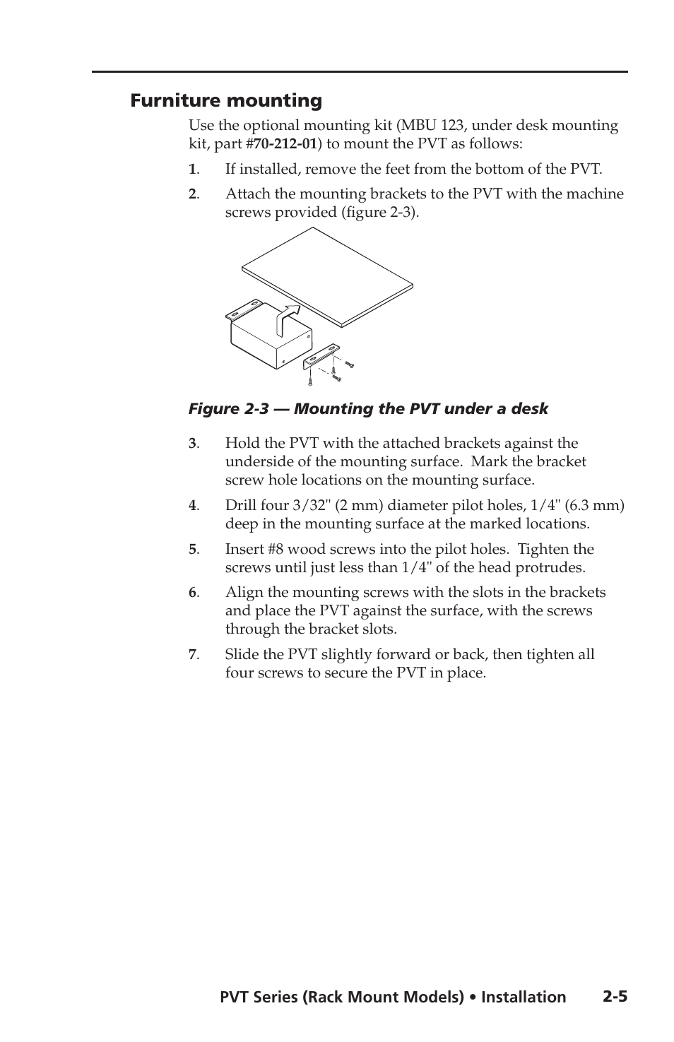 Furniture mounting, Installation, cont’d, Figure 2-3 — mounting the pvt under a desk | Extron Electronics PVT SW RGB User Manual | Page 17 / 32