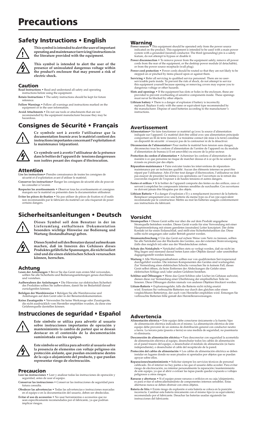 Precautions, Instrucciones de seguridad • español, Caution | Warning, Attention, Avertissement, Achtung, Vorsicht, Precaucion, Advertencia | Extron Electronics PVT SW RGB User Manual | Page 2 / 32