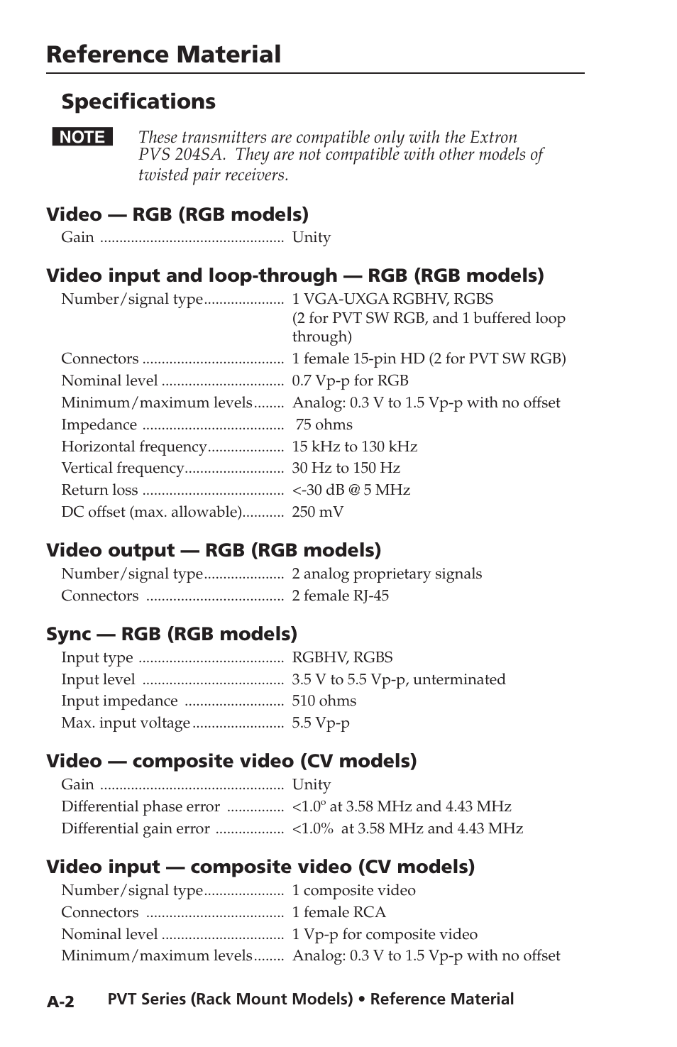 Specifications, Reference material | Extron Electronics PVT SW RGB User Manual | Page 26 / 32