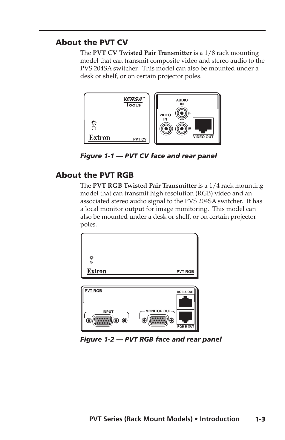 About the pvt cv, About the pvt rgb, About the pvt cv -3 about the pvt rgb -3 | Pvt series (rack mount models) • introduction, Figure 1-1 — pvt cv face and rear panel, Figure 1-2 — pvt rgb face and rear panel | Extron Electronics PVT SW RGB User Manual | Page 9 / 32